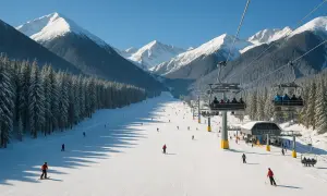 Narciarze szusują po ośnieżonych stokach Kopaonik w Serbii, a kolejka linowa unosi ich ku szczytom.