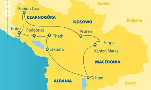 Mapa pokazuje trasę podróży po Bałkanach: Czarnogóra, Kosowo, Macedonia, Albania. Zaznaczone miasta: Kotor, Podgorica, Theth, Szkodra, Prizren, Ochryd, Skopie.