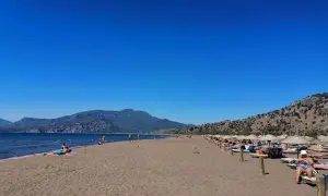 Plaża żółwi w Turcji, z turkusowym morzem i górami w tle. Ludzie odpoczywają na leżakach pod parasolami.