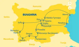 Mapa turystyczna Bułgarii z zaznaczonymi trasami i miejscami do zwiedzania: Sofia, Monastyr Rylski, Melnik, Płowdiw, Warna, Nesebyr.