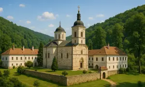 Kamienny klasztor na zboczu Fruskiej Góry, otoczony zielenią, z dwiema kopułami i wieżą.