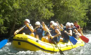 Grupa ludzi na raftingu na rzece Cetina w Chorwacji, wiosłując przez bystrza.