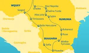 Mapa pokazuje trasę przez Rumunię, Bułgarię i Węgry. Czy Rumunia to Bałkany? Mapa pokazuje jej położenie obok Serbii i Bułgarii.