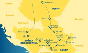 Mapa pokazuje, gdzie leży Serbia, otoczona przez Węgry, Rumunię, Bułgarię, Czarnogórę, Bośnię i Hercegowinę oraz Chorwację.
