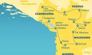 Mapa turystyczna Bałkanów z zaznaczonymi trasami i miastami. Kosowo atrakcje: Priština, Prizren, Peć.
