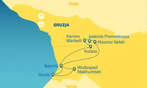 Mapa Gruzji z zaznaczonymi atrakcjami: Batumi, Gonio, Wodospad Machuntseti, Kutaisi, Kanion Martwili, Jaskinia Prometeusza, Klasztor Gelati. Planując wycieczkę, warto sprawdzić, co zobaczyć w Batumi i okolicach.