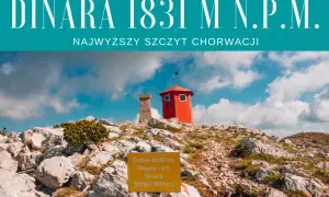 Szczyt Dinara, najwyższy szczyt w Chorwacji, z charakterystyczną czerwoną wieżyczką i znakiem informacyjnym.