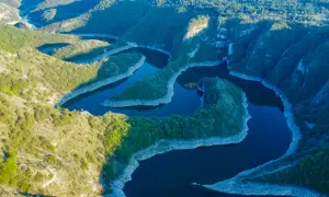 Meandry rzeki tworzą malowniczy krajobraz kanionu Uvac, otoczonego zielonymi wzgórzami i skalistymi zboczami.