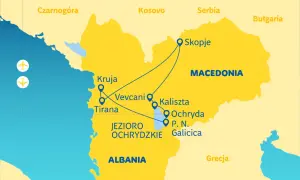 Mapa turystyczna Macedonii Południowej z zaznaczonymi miastami: Skopje, Ochryda, Tirana, Kruja. Trasy łączą te miejsca.