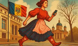 Kobieta w tradycyjnym stroju biegnie z telefonem, obok flagi Mołdawii. Obraz symbolizuje nadzieję na lepszą przyszłość, mimo trudności i biedy w Mołdawii.