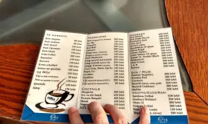 Menu z Albanii: ceny alkoholi. Widoczne są ceny whisky, ginu, rumu, grappy, ouzo i raki.