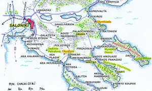 Mapa Chalkidiki z zaznaczonymi atrakcjami: Saloniki, Olynthos, jaskinia Petralona, Góra Athos. Planuj podróż!