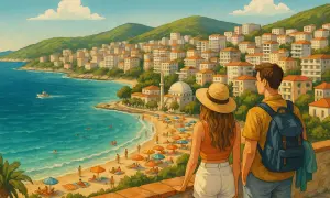 Para planująca wakacje, zastanawia się, czy Albania jest droga, podziwiając malowniczą plażę i miasteczko.