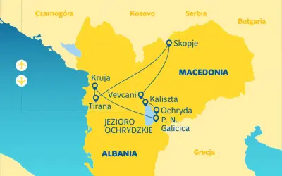 Mapa turystyczna Macedonii Południowej z zaznaczonymi miastami: Skopje, Ochryda, Tirana, Kruja. Trasy łączą te miejsca.