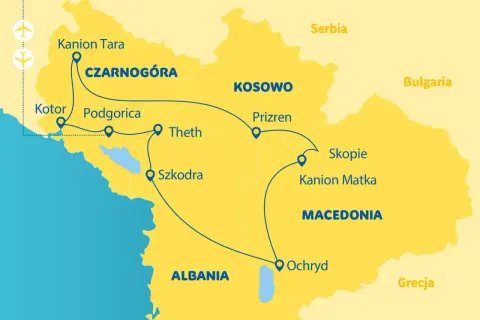 Mapa pokazuje trasę podróży po Bałkanach: Czarnogóra, Kosowo, Macedonia, Albania. Zaznaczone miasta: Kotor, Podgorica, Theth, Szkodra, Prizren, Ochryd, Skopie.