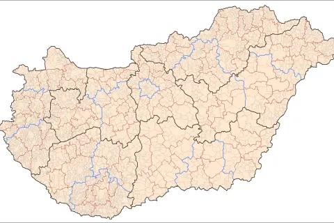 Mapa administracyjna Węgier z zaznaczonymi granicami powiatów i rzekami. Pokazuje, gdzie leżą Węgry w Europie Środkowej.
