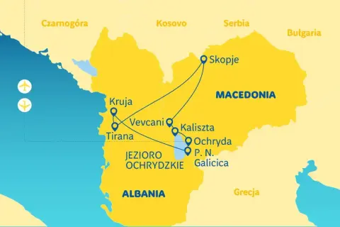 Mapa turystyczna przedstawiająca trasę podróży przez Albanię i Macedonię, z zaznaczonymi miastami jak Tirana, Ochryda i Skopje.
