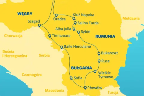 Mapa pokazuje trasę przez Rumunię, Bułgarię i Węgry. Czy Rumunia to Bałkany? Mapa pokazuje jej położenie obok Serbii i Bułgarii.