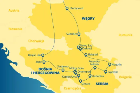 Mapa pokazuje, gdzie leży Serbia, otoczona przez Węgry, Rumunię, Bułgarię, Czarnogórę, Bośnię i Hercegowinę oraz Chorwację.
