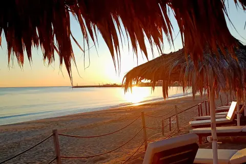 Zachód słońca na plaży w Ayia Napa. Leżaki pod słomianymi parasolami czekają na turystów. Idealne miejsce, by zobaczyć piękno Cypru.