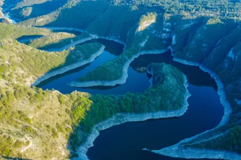 Meandry rzeki tworzą malowniczy krajobraz kanionu Uvac, otoczonego zielonymi wzgórzami i skalistymi zboczami.