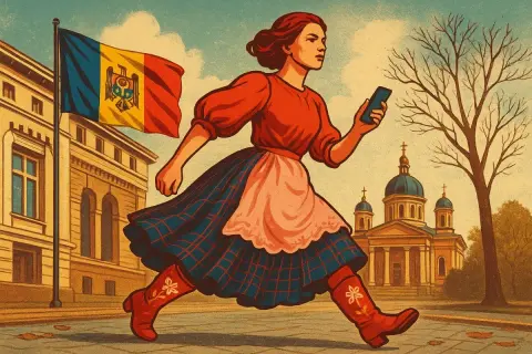 Kobieta w tradycyjnym stroju biegnie z telefonem, obok flagi Mołdawii. Obraz symbolizuje nadzieję na lepszą przyszłość, mimo trudności i biedy w Mołdawii.