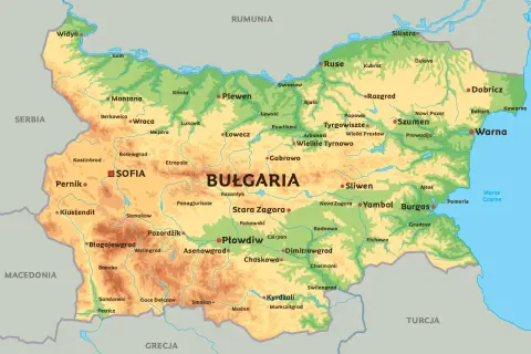 Mapa fizyczna Bułgarii z zaznaczonymi miastami i granicami. Gdzie leży Bułgaria? Między Serbią, Rumunią, Macedonią, Grecją i Turcją, nad Morzem Czarnym.