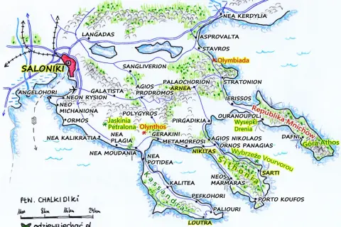 Mapa Chalkidiki z zaznaczonymi atrakcjami: Saloniki, Olynthos, jaskinia Petralona, Góra Athos. Planuj podróż!