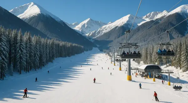 Narciarze szusują po ośnieżonych stokach Kopaonik w Serbii, a kolejka linowa unosi ich ku szczytom.