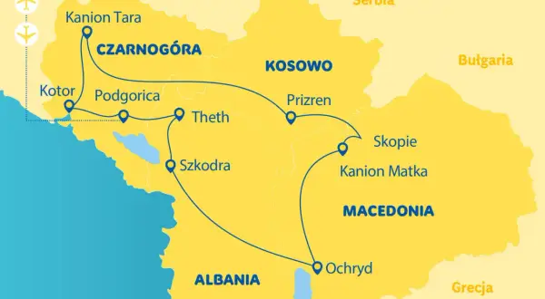 Mapa pokazuje trasę podróży po Bałkanach: Czarnogóra, Kosowo, Macedonia, Albania. Zaznaczone miasta: Kotor, Podgorica, Theth, Szkodra, Prizren, Ochryd, Skopie.