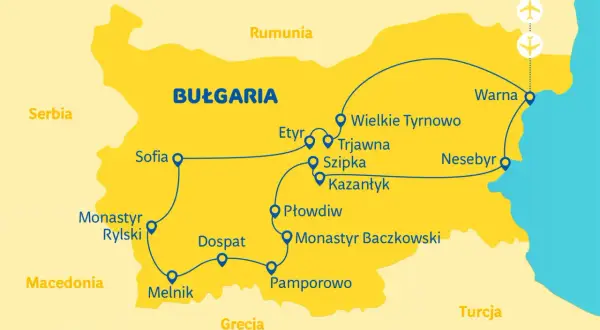 Mapa turystyczna Bułgarii z zaznaczonymi trasami i miejscami do zwiedzania: Sofia, Monastyr Rylski, Melnik, Płowdiw, Warna, Nesebyr.