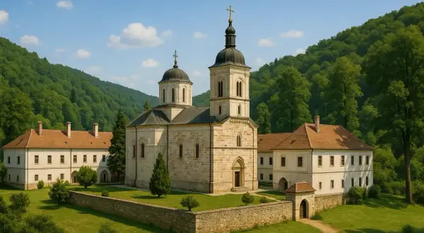 Kamienny klasztor na zboczu Fruskiej Góry, otoczony zielenią, z dwiema kopułami i wieżą.