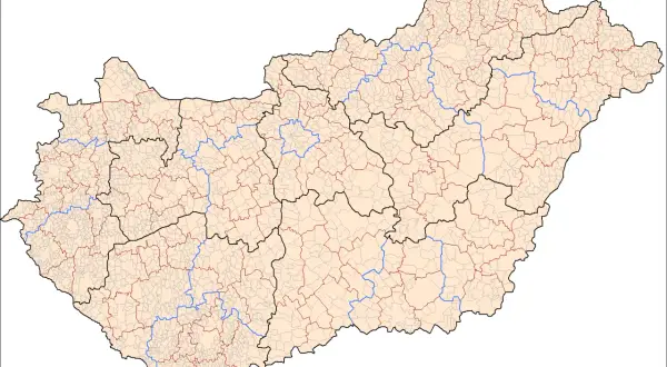 Mapa administracyjna Węgier z zaznaczonymi granicami powiatów i rzekami. Pokazuje, gdzie leżą Węgry w Europie Środkowej.