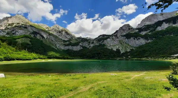 Zielone jezioro otoczone górami w parku narodowym Sutjeska.