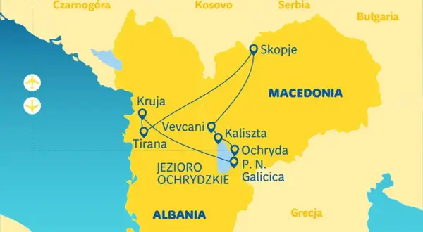 Mapa turystyczna przedstawiająca trasę podróży przez Albanię i Macedonię, z zaznaczonymi miastami jak Tirana, Ochryda i Skopje.