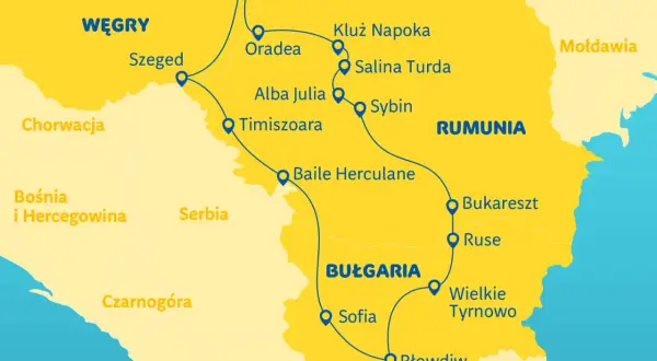 Mapa pokazuje trasę przez Rumunię, Bułgarię i Węgry. Czy Rumunia to Bałkany? Mapa pokazuje jej położenie obok Serbii i Bułgarii.