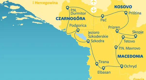 Mapa turystyczna Bałkanów z zaznaczonymi trasami i miastami. Kosowo atrakcje: Priština, Prizren, Peć.