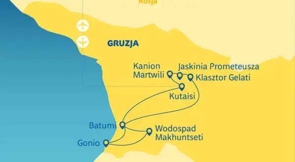 Mapa Gruzji z zaznaczonymi atrakcjami: Batumi, Gonio, Wodospad Machuntseti, Kutaisi, Kanion Martwili, Jaskinia Prometeusza, Klasztor Gelati. Planując wycieczkę, warto sprawdzić, co zobaczyć w Batumi i okolicach.