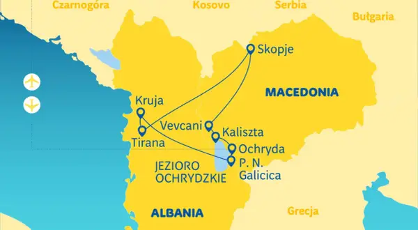 Mapa turystyczna Macedonii Południowej z zaznaczonymi miastami: Skopje, Ochryda, Tirana, Kruja. Trasy łączą te miejsca.