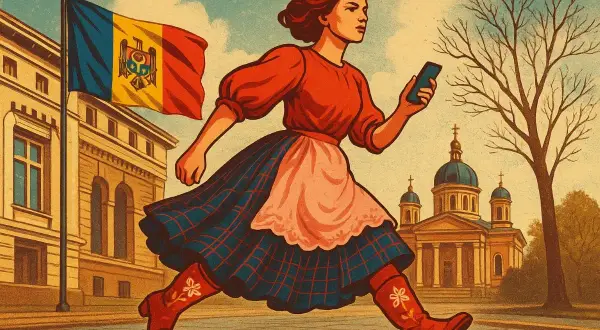 Kobieta w tradycyjnym stroju biegnie z telefonem, obok flagi Mołdawii. Obraz symbolizuje nadzieję na lepszą przyszłość, mimo trudności i biedy w Mołdawii.