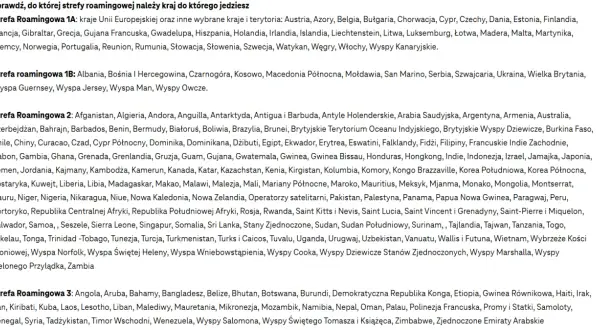 Lista krajów podzielona na strefy roamingowe, z wyróżnionymi nagłówkami stref.