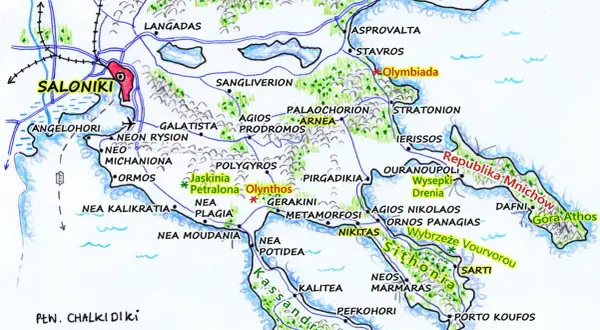 Mapa Chalkidiki z zaznaczonymi atrakcjami: Saloniki, Olynthos, jaskinia Petralona, Góra Athos. Planuj podróż!