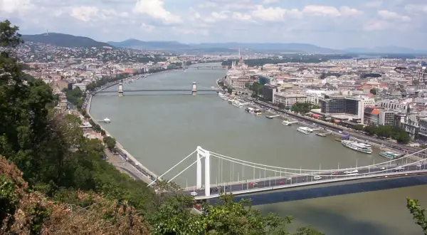 Widok na Dunaj i mosty w Budapeszcie z zielonego wzgórza.