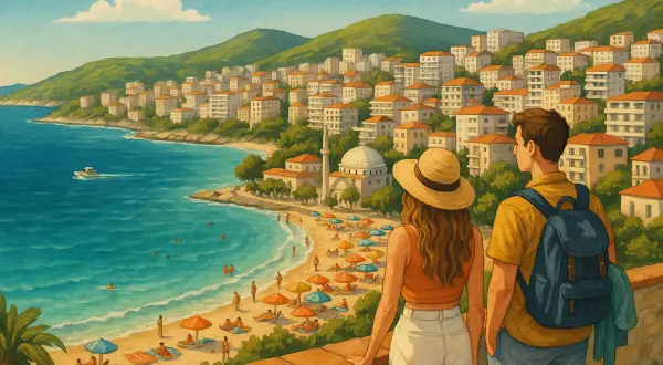 Para planująca wakacje, zastanawia się, czy Albania jest droga, podziwiając malowniczą plażę i miasteczko.