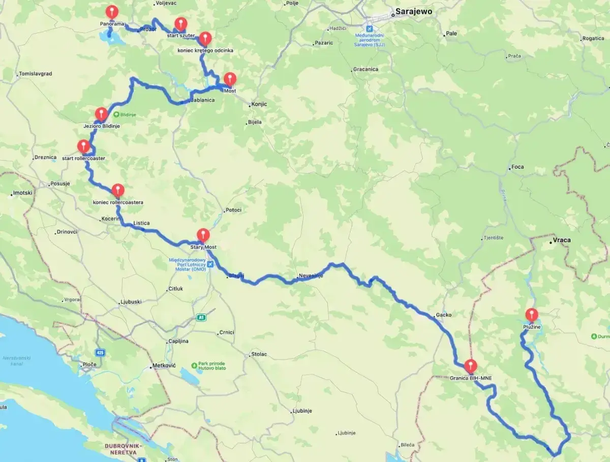 Trasa przez Czarnogórę i Bośnię, z zaznaczonymi punktami: Jezioro Blidinje, Mostar, Plužine.