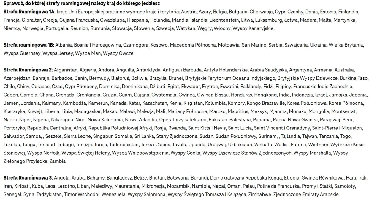Lista krajów podzielona na strefy roamingowe, z wyróżnionymi nagłówkami stref.