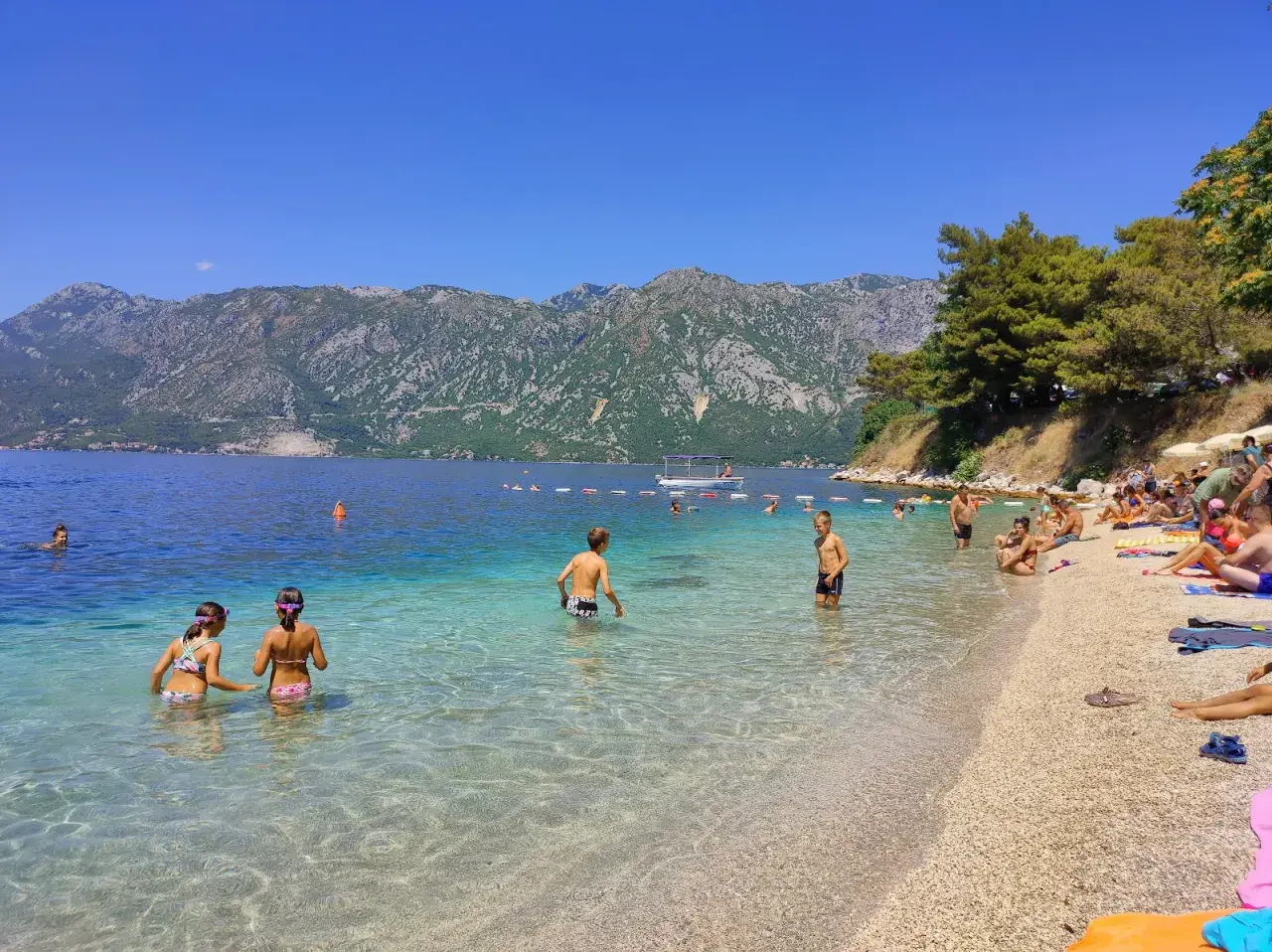 Słoneczny dzień na Perast beach. Ludzie kąpią się w krystalicznie czystej wodzie, podczas gdy góry w tle tworzą malowniczy krajobraz.