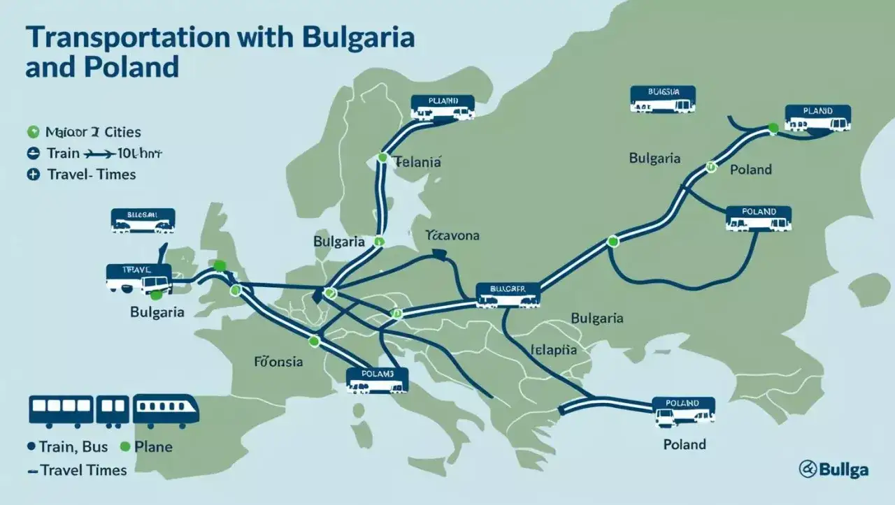 Mapa Europy z zaznaczonymi trasami podróży między Polską a Bułgarią. Widać połączenia kolejowe, autobusowe i lotnicze.