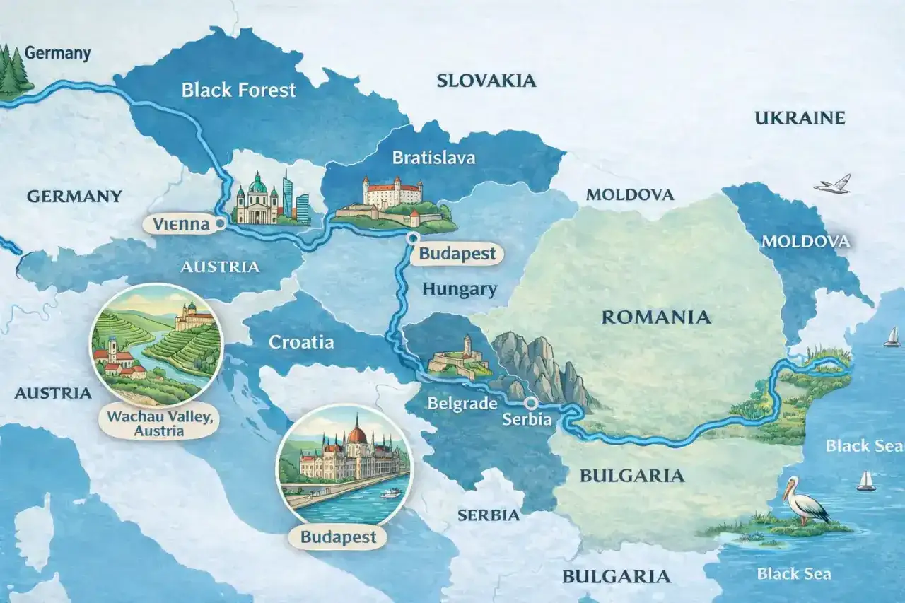 Mapa pokazuje, przez jakie państwa płynie Dunaj: Niemcy, Austrię, Słowację, Węgry, Chorwację, Serbię, Bułgarię i Rumunię, aż do Morza Czarnego.