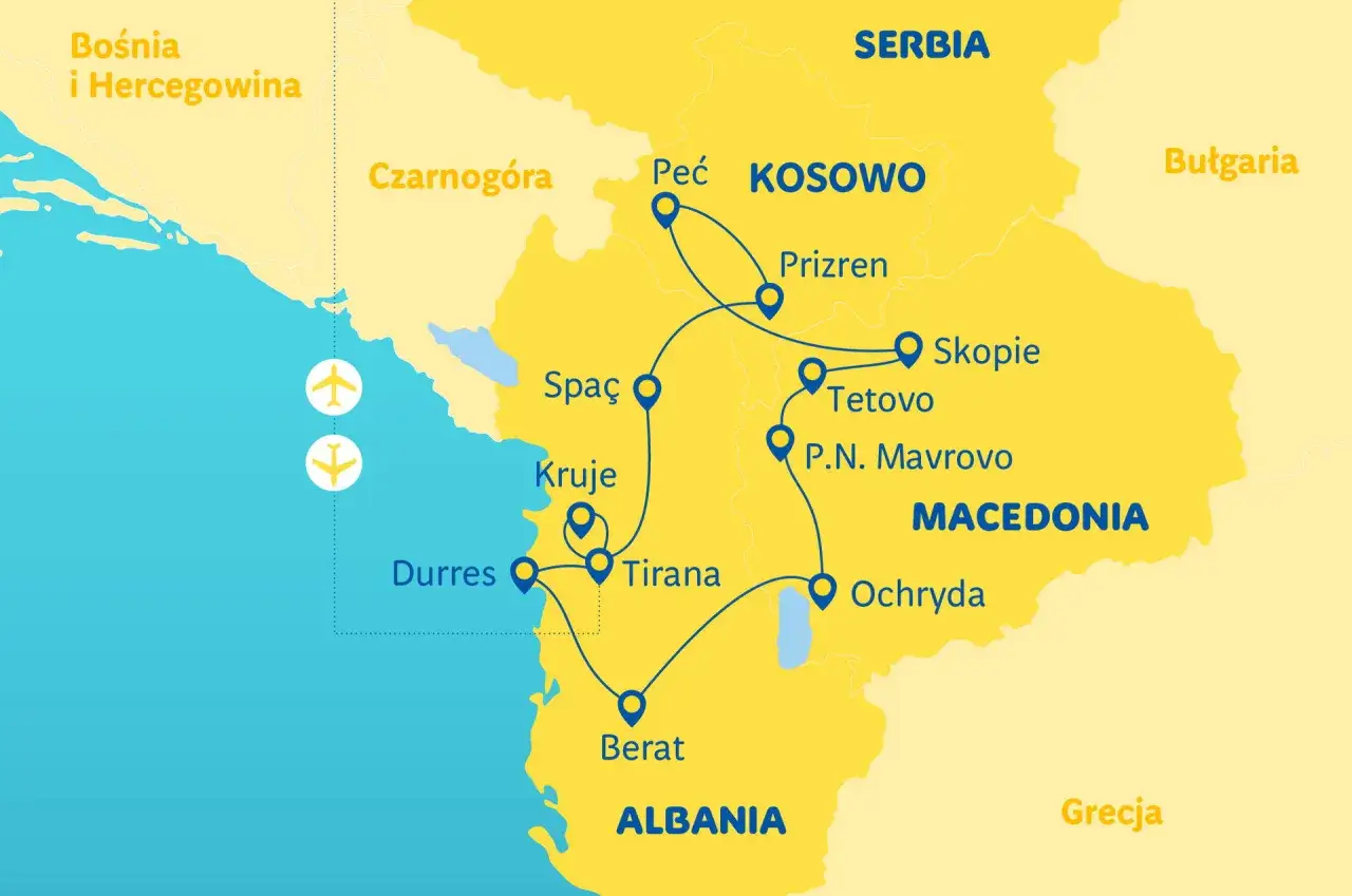 Mapa pokazuje, gdzie leży Czarnogóra, obok Bośni i Hercegowiny, Serbii i Kosowa. Trasa wycieczki obejmuje Albanię, Macedonię i inne kraje.